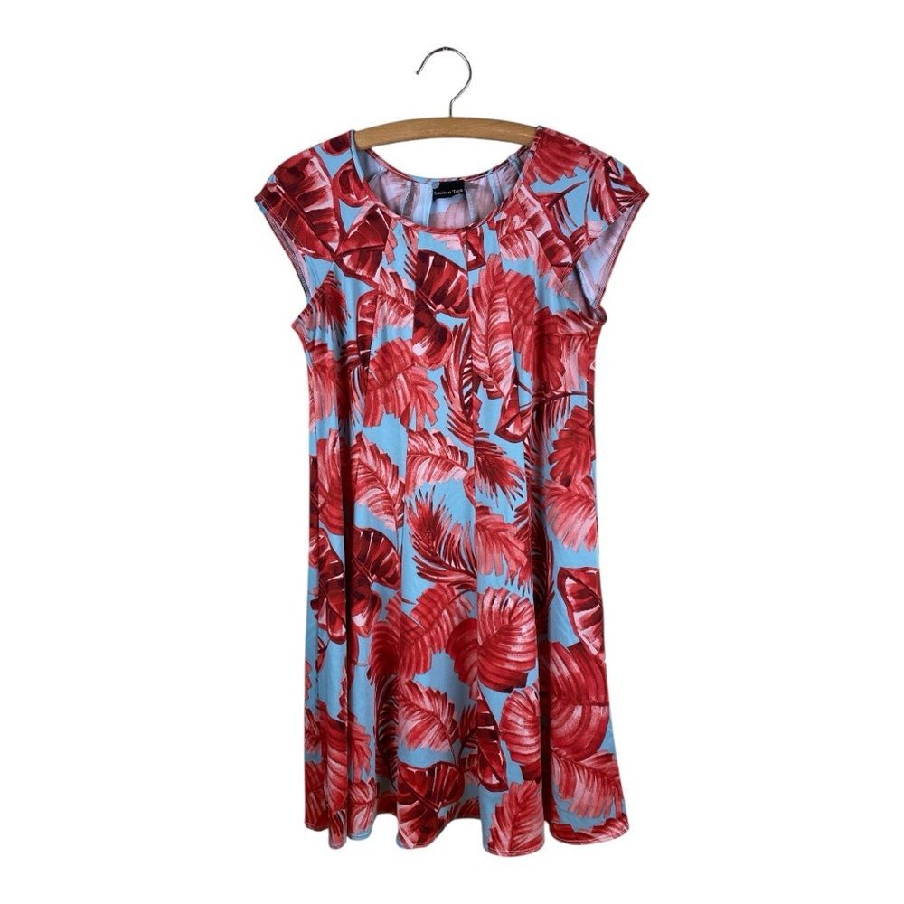 Maison Tara Red Blue Midi Dress Capped Sleeves Pleated Lightweight Size 6 Summer